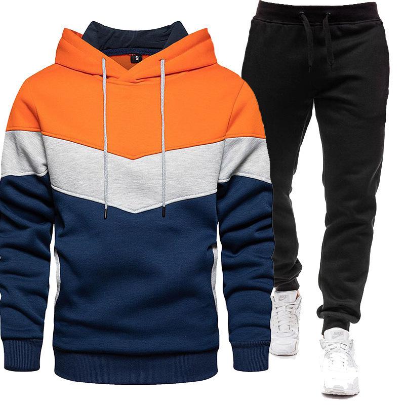 Sports Suit Men's Plus Loose Hooded Sweatshirt Sweatpants Color Blocked 2-piece Set Light Panel
