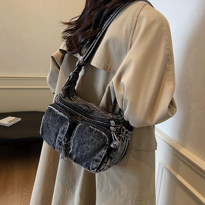 Vintage Denim Shoulder Bag Women's Large Capacity Messenger Bag Multi-pockets Satchel Bags Adjustable Strap Ladies Crossbody Bag
