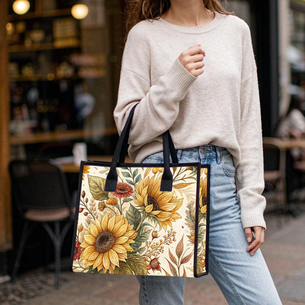 Sunflower Print Tote Bag Casual Daily Handbag Lightweight Reusable Shopping Shoulder Bag for Women Outdoor Use
