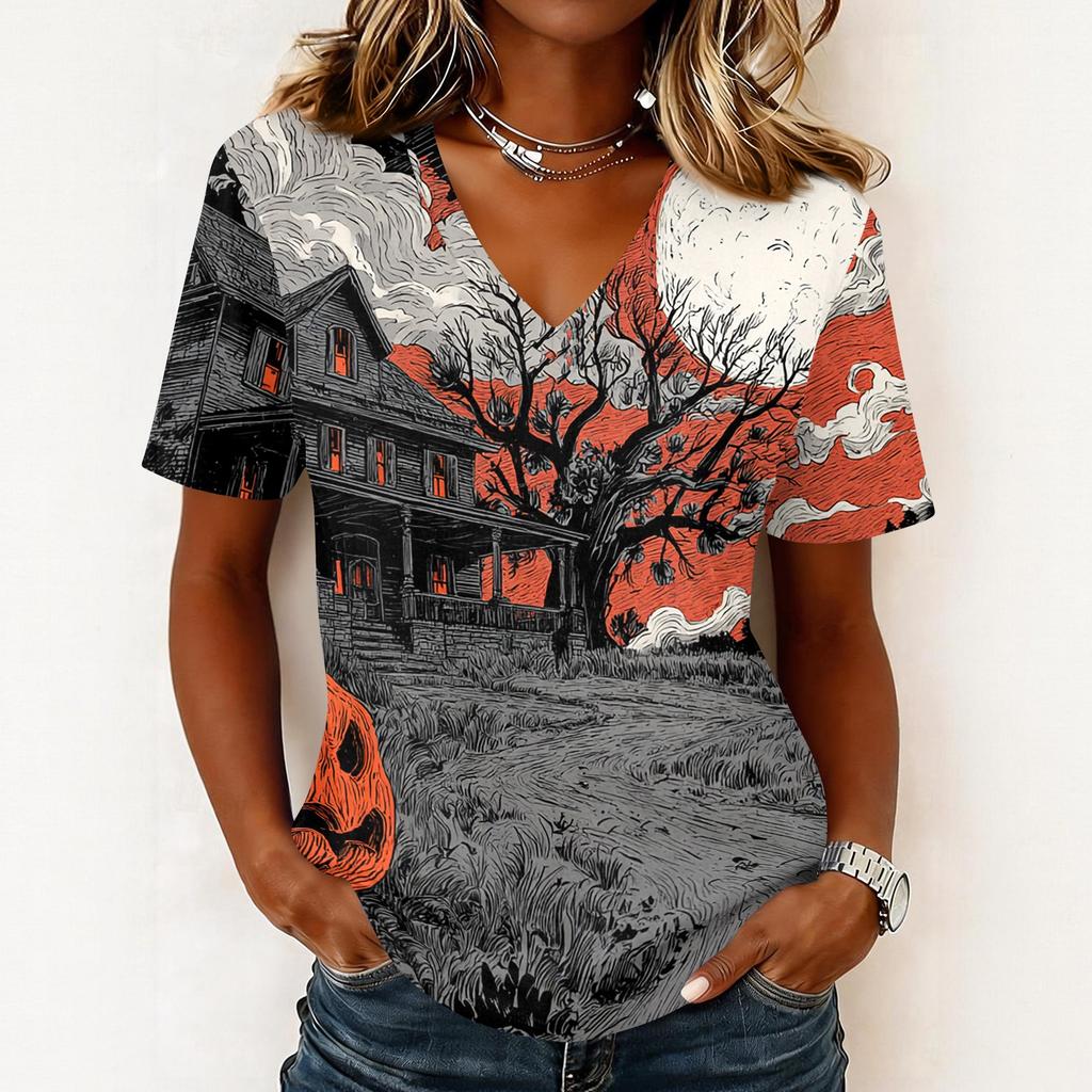 Women Casual Short Sleeve Pullover V Neck Top Halloween Ghost Print Lightweight Comfortable Blouse for Everyday Wear