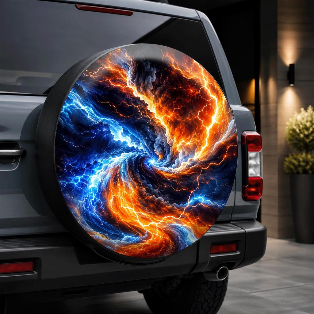 1pc, Colorful Flame And Lightning Intertwined Swirl Print Pattern Car Tire Cover, Stylish Universal Wheel Hub Protector, Spare T