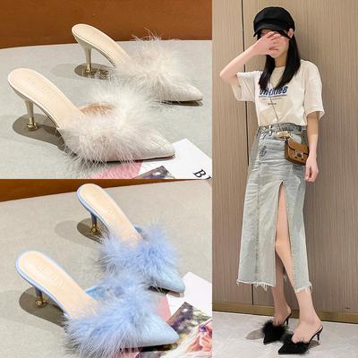 Heel Slippers Women Shoes Woman Pumps Solid Flock Pointed Toe Slip On Fur High Heels Summer Women Slides