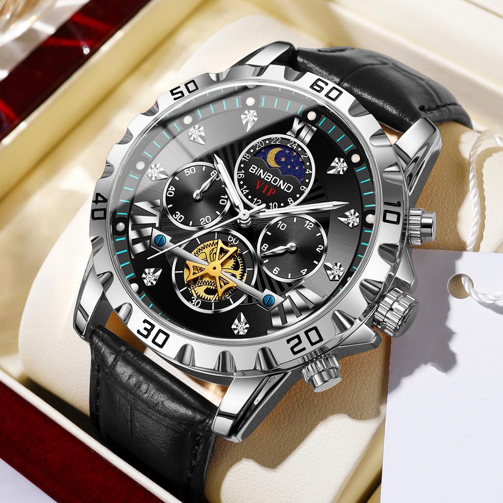 Men's Fashion Luminous Quartz Watch Three Eye Timing Moon Phase Dial Waterproof Multifunctional Fashionable Flywheel Watch