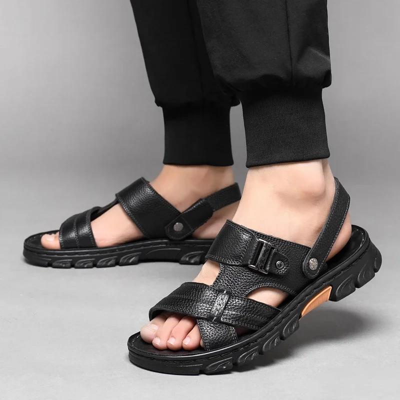 Summer Men's Brand Soft and Breathable Men's Sandals Black Leather Sandals Men's Outdoor Brown Beach Sandals for Men