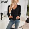 BITCED Women's Fashion Casual V-Neck Long Sleeve Blouses & Shirts