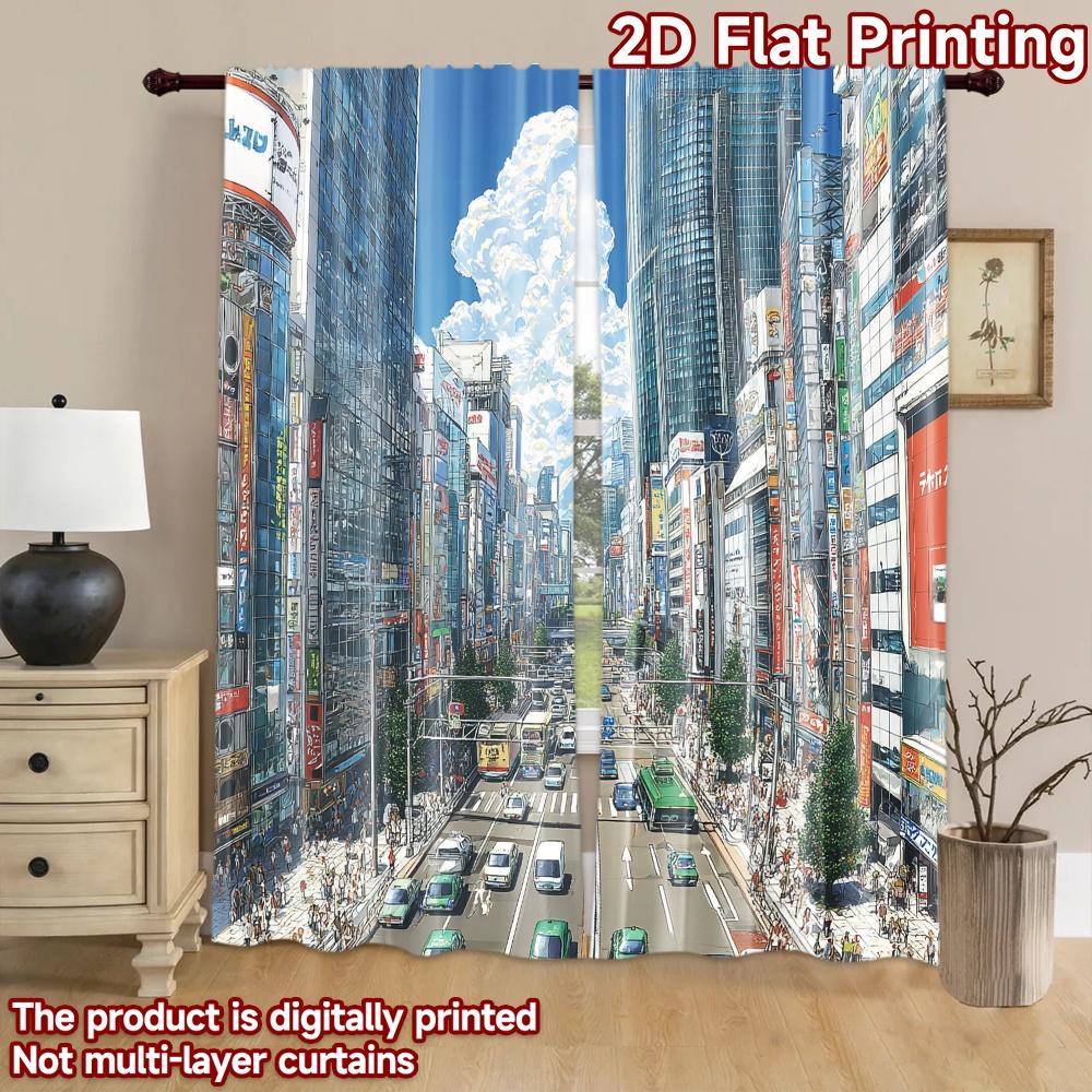 2D flat printing 2pcs Curtains Anime City Street Scene People Traffic Digital Printed Polyester Drapes Birthday Party Perfect