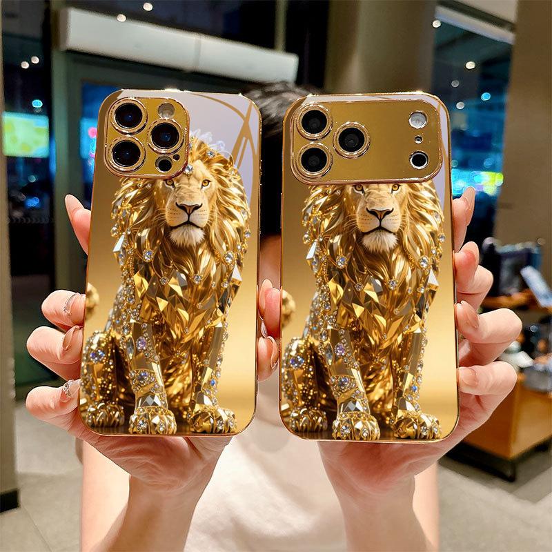 Jeweled Gold Lion Electroplated Golden Phone Case For iPhone 17Air 17 16 15 14 13 12 11 Pro Max Plus 16E XR 7 8 Xs X Glass Cover