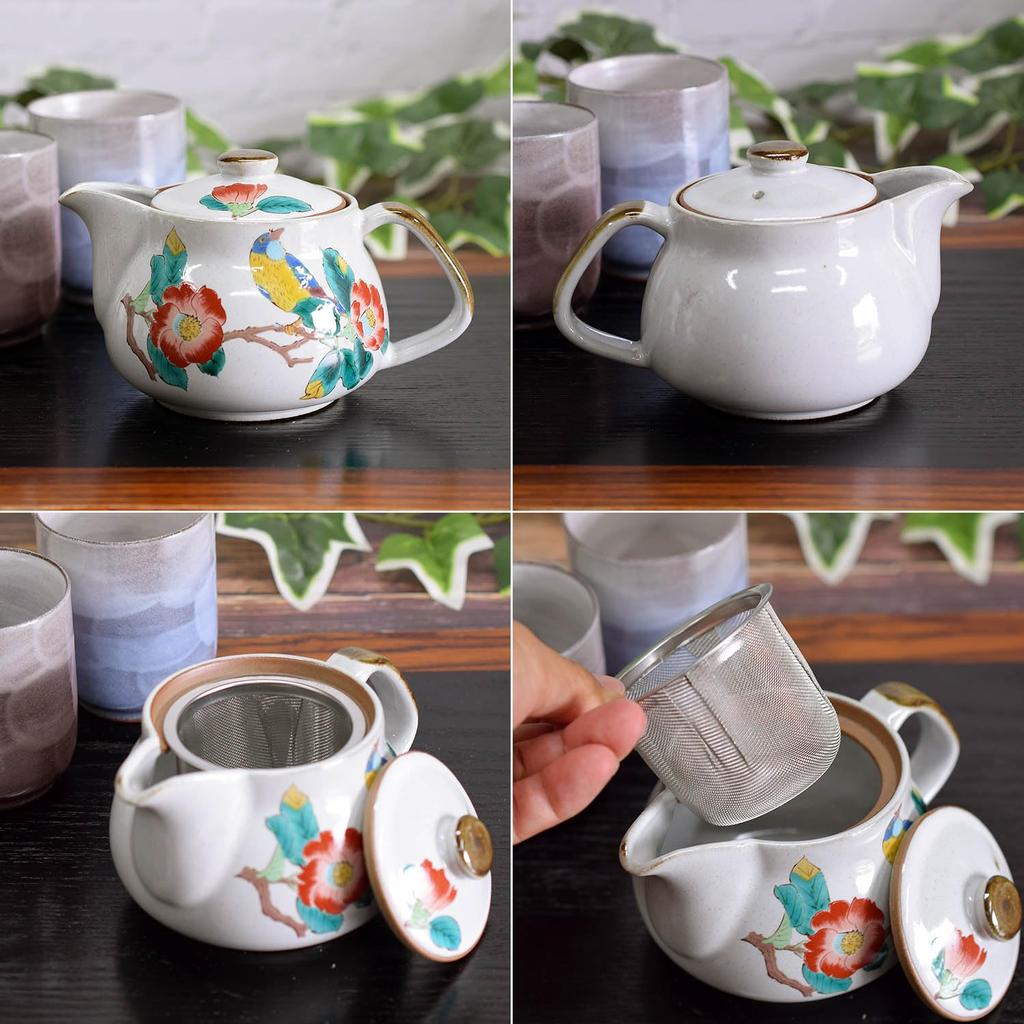Waza no Kura Stylish Japanese Tableware Kutani Ware Teapot with Camellia and Bird Includes Tea Ceramic Made in Perfect for Birthday Gifts Design,