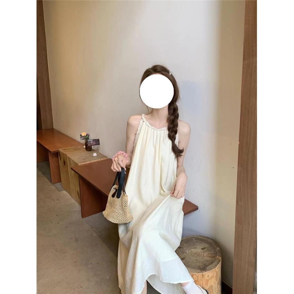 French Gentle Wind Sleeveless Neck-hanging Off-the-shoulder Dress for Women's Summer High-end Temperament Loose Belly-covering and Thin Dress