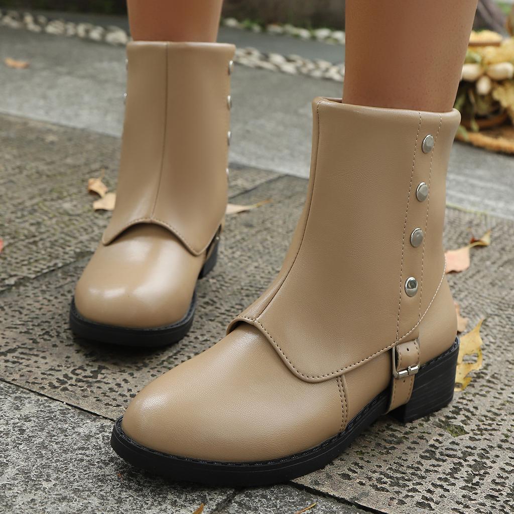 Fall 2025 Boots Fashion Trend Studded Belt Buckle Round Toe Oversoles and Chunky Heel Fashion Boots