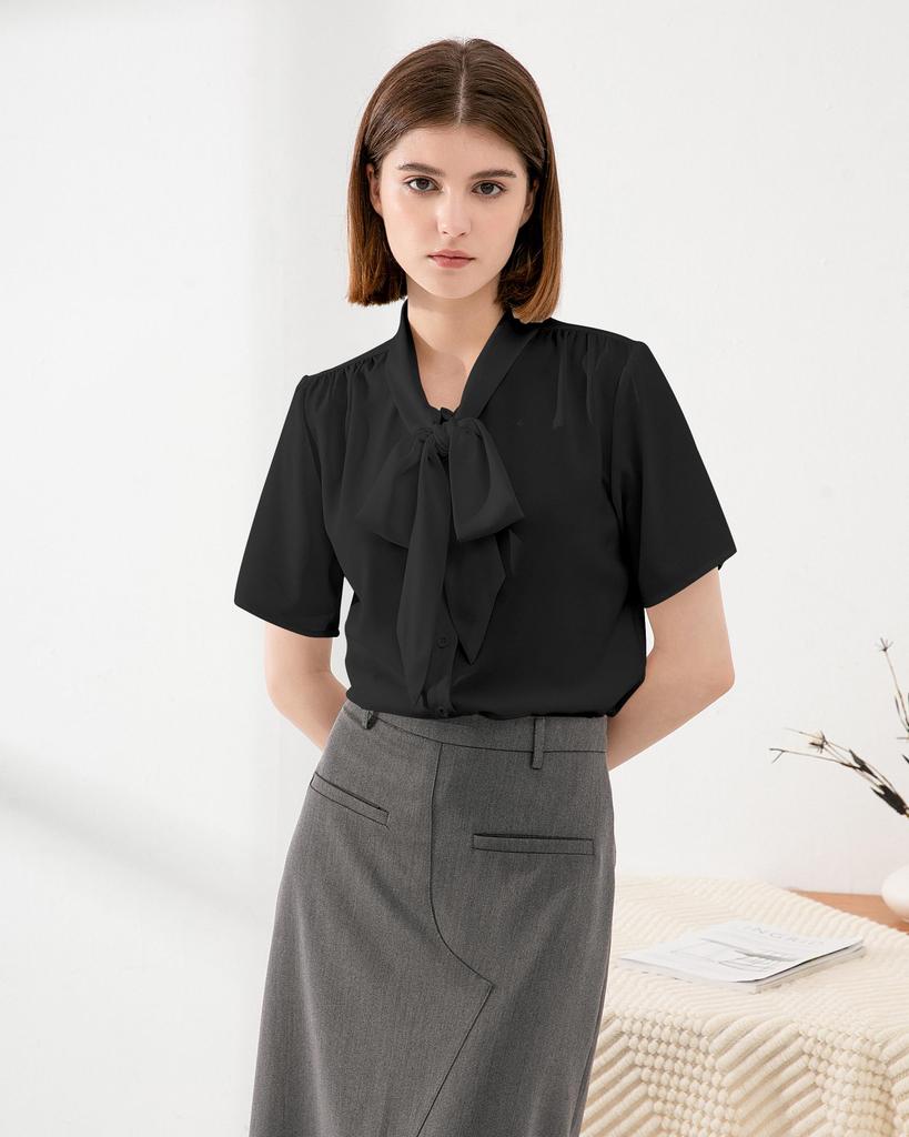 Bowtie Short Chiffon Ribbon Office Large M [SPRING SEAON] Shirt, Sleeve, Blouse, Top, Spring, Summer, Suit, Innerwear, Casual, Stylish, Size, Elegant,