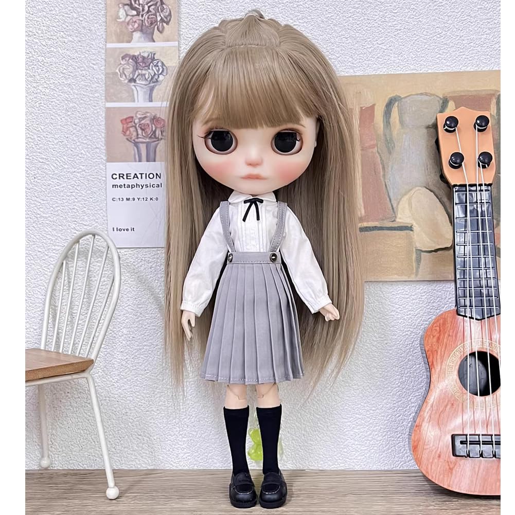 rakulifey Blythe doll outfit set: Long-sleeved shirt, skirt, school uniform, suitable for Neo Blythe and Obitsu 24 dolls, 3 colors (gray)