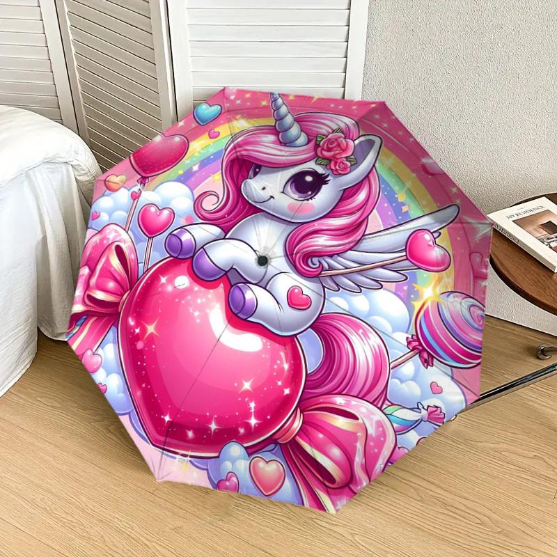 1pc Unicorn Fantasy: Cute Pink Pony with Rainbow Heart Umbrella with Plastic Handle,Suitable for All Seasons Home Travel Outdoor UmbrellaDD773