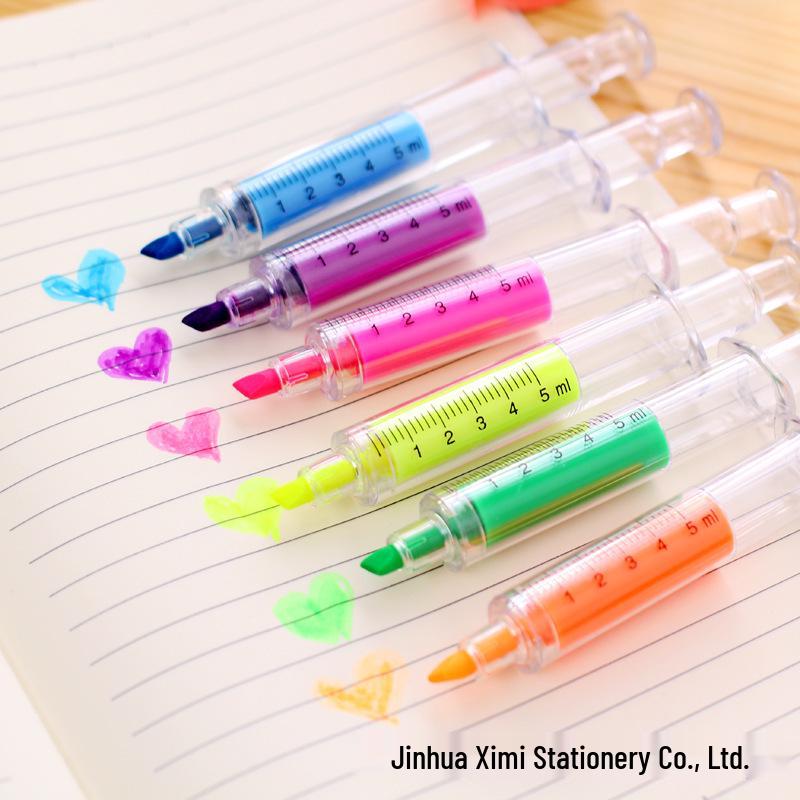 Korean Style Cute Syringe Shape Multi-color Fluorescent Marker Pen Chisel Tip