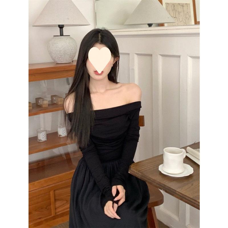 Temperament one-word collar long-sleeved dress for women's autumn new off-the-shoulder waist and thin A-word long dress