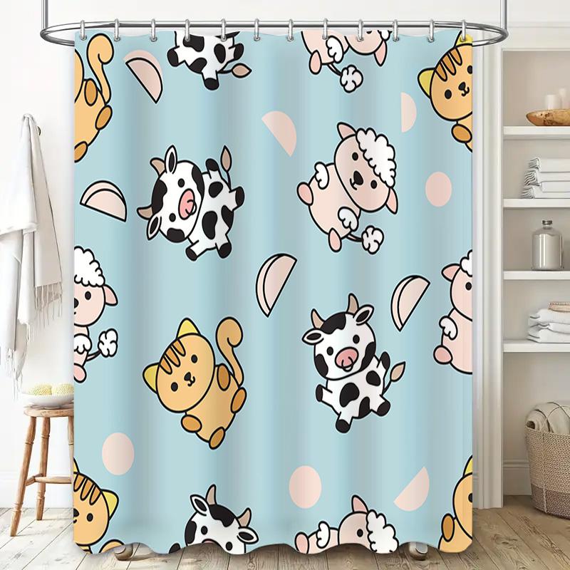 Blue Cartoon Animal Shower Curtain Decorative Bath Rug Sets Waterproof Home Decoration Bathroom Accessories 180x245cm(70 X 96) (