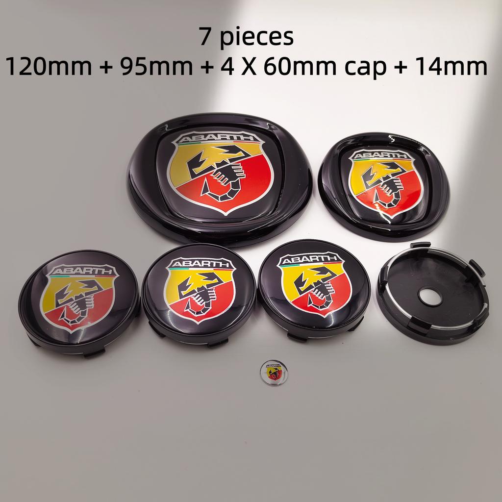 8pcs fiat Abarth Car Front grill front Rear Bumper tail door trunk Emblem 85/95/100/120mm Wheel Center Hub Cap Badge Rim Cover