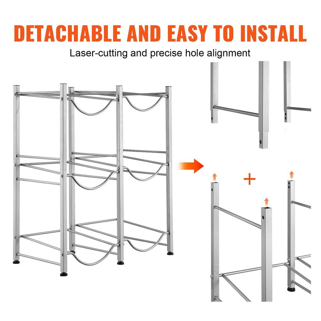 3 Tiers Water Jug Holder Double Row Water Bottle Rack for 6 Bottles Silver
