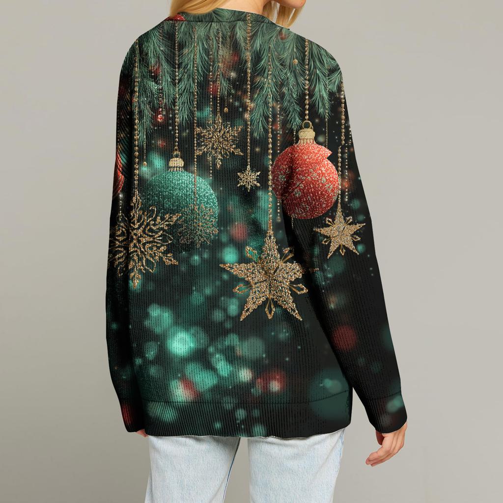 Women's Fashion Long Sleeve Print V-Neck Button Loose Cardigan Top