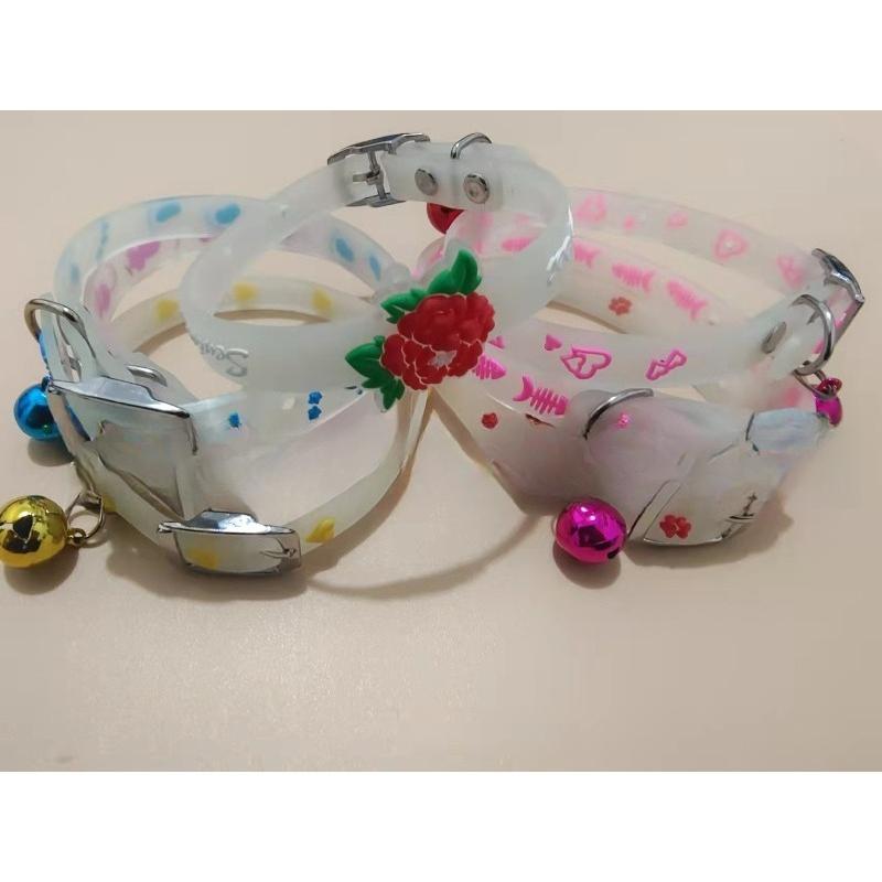 Glow In The Dark Fish Bone Silicone Cat Collar With Bell Adjustable Soft Night Safety Collar For Kitten Small Cats