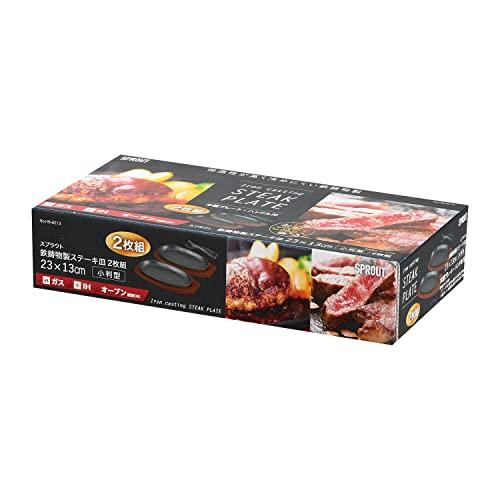 Pearl Metal Steak Plates, Oval, 23 x 13 cm, Set of 2, Cast Iron, Induction and Oven Safe, Sprout Design, HB-6213