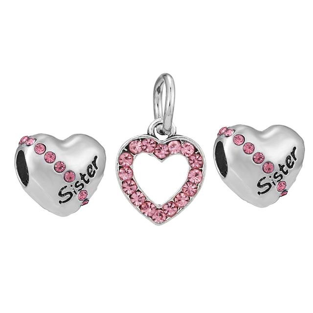 3pcs /Lot Pink Love Heart Beads Enamel Mom Pendant Fit Diy Brand Charm Bracelets Necklaces For Women Mother Jewelry Making