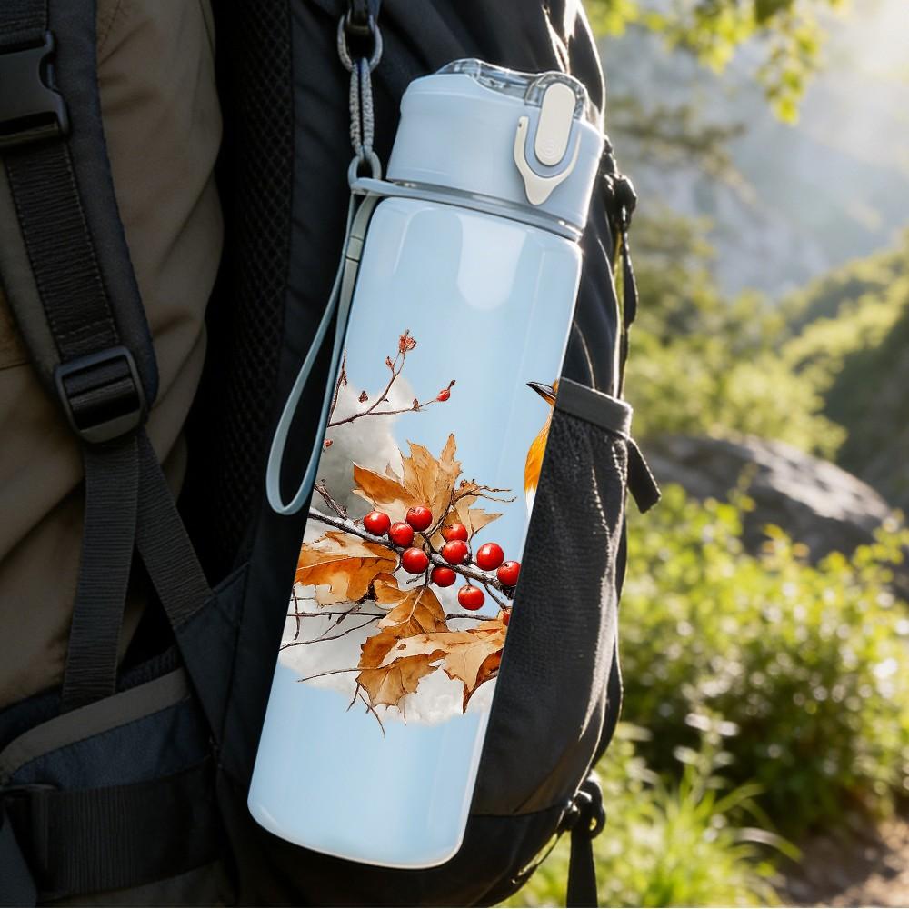 1PC Robin Bird Berry Branch Print 750ml Color Plastic Sports Water Bottle Leakproof Flip Straw Lid Suitable for Sports Office Home Use