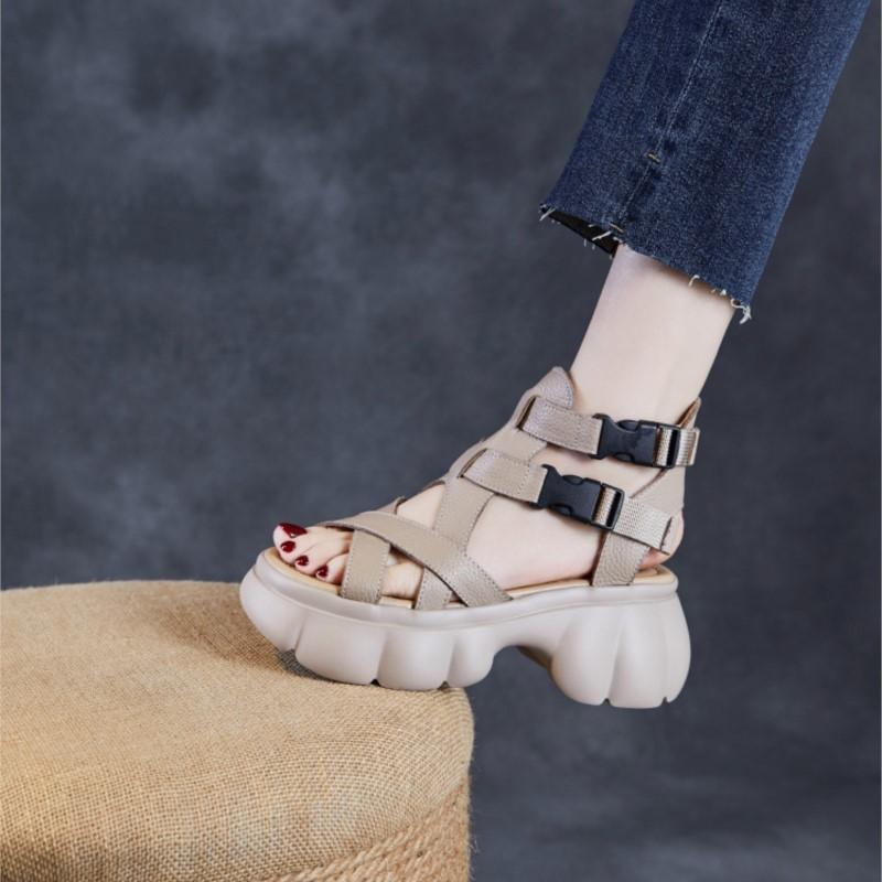 Johnature Natūralios odos sandalai storais padais, aukštinantys, storakulniai, romaniško stiliaus platforminiai moteriški batai