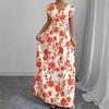 2025 Women's V-Neck Short Sleeve Tie-Up Dress with New Print - Spring/Summer Waist-Cinching Long Dress