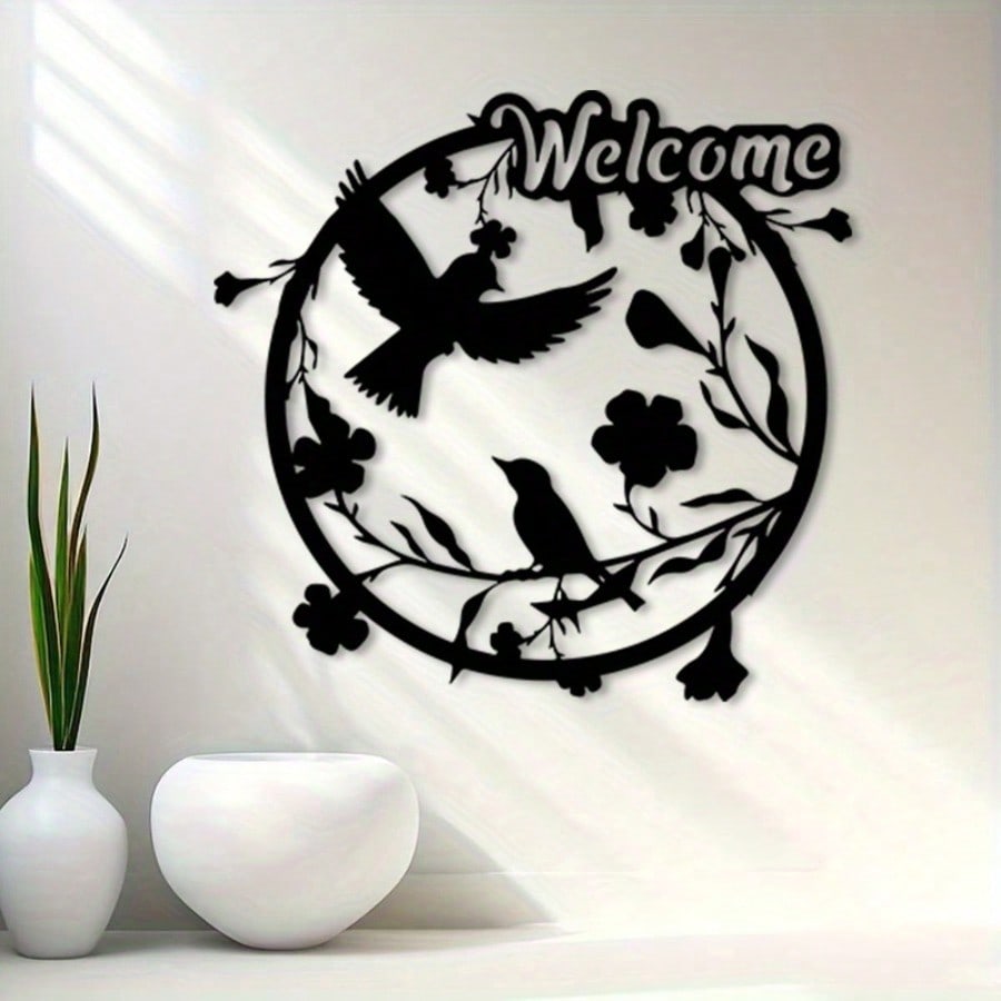Vintage Welcome Birds Tree Metal Wall Art Rust Resistant Circular Silhouette with Florals Home Decor Patio Living Room Bedroom