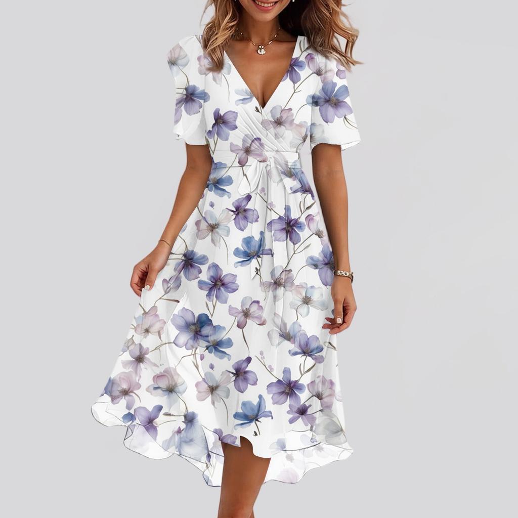 Damenmode Lässig V-Ausschnitt Kurzarm Rüschen Vintage Bedruckte Kleider