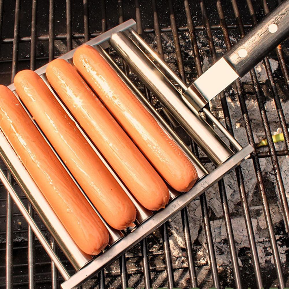 Hot Dog Roller Sausage Roller Rack Stainless Steel Hot Dog Grill Roller with Wooden Handle 5 Hot Dog Capacity for Home Kitchen