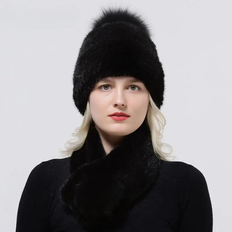 Zimowy Ciepły Damski Zestaw Czapka Szalik Dzianinowa Czapka z Pomponem Pokryta Futrem Norki Szalik z Naturalnego Futra Wysokiej Jakości