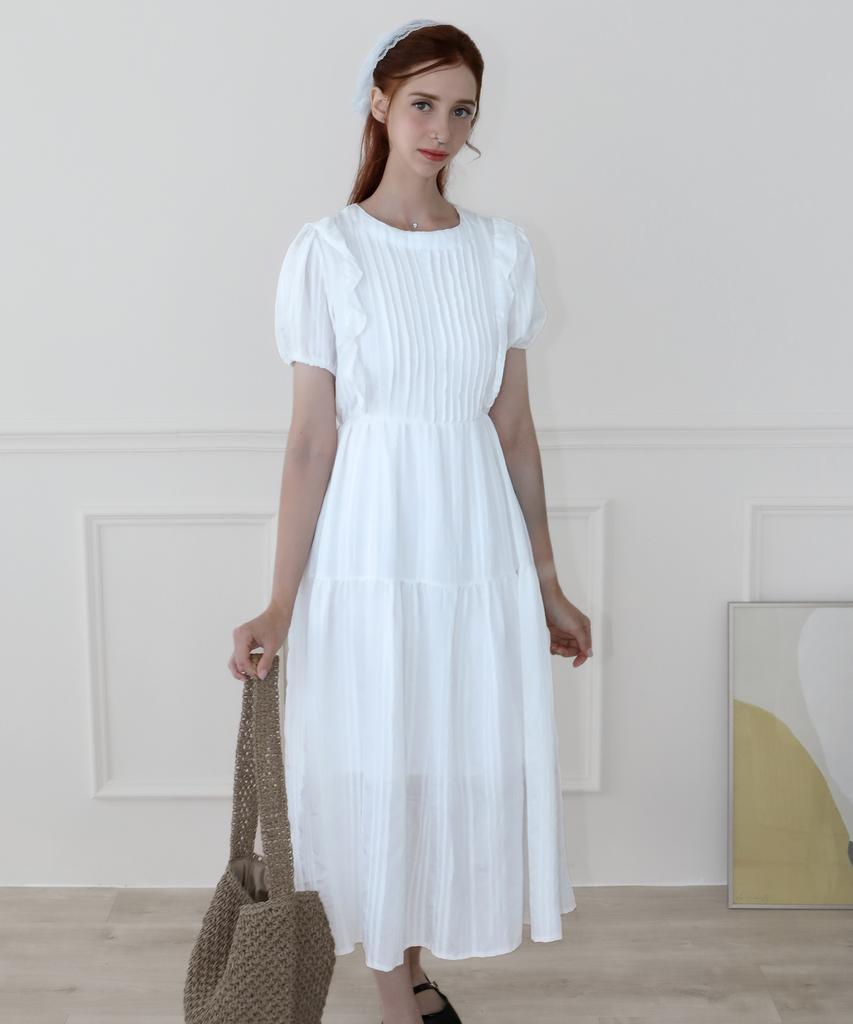 Keulleiseu Smocking Frill Short Sleeve Long Dress_White