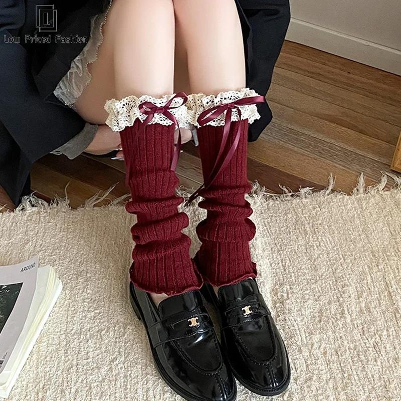 Autumn Winter Leg Warmers Woman Lolita Lace Bowknot Knitted Socks Girls Knee Warmers Long Stockings Warm Foot Cover Boot Socks