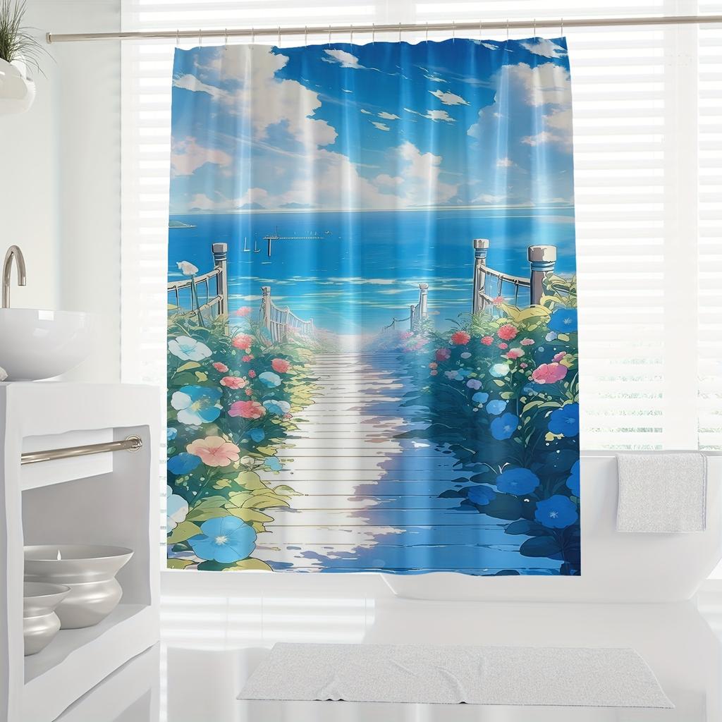 Calm Blue Ocean Digital Print Shower Curtain, Vibrant Underwater Scene, Wooden Pier & Flowers, Polyester,Modern Bathroom Decor