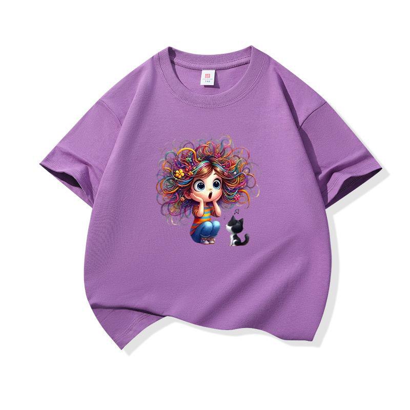 Kids Cotton T Shirt Surprised Colorful Hair Girl And Black Cat Print Crew Neck Short Sleeve Tee Casual Boys Girls Summer Tops