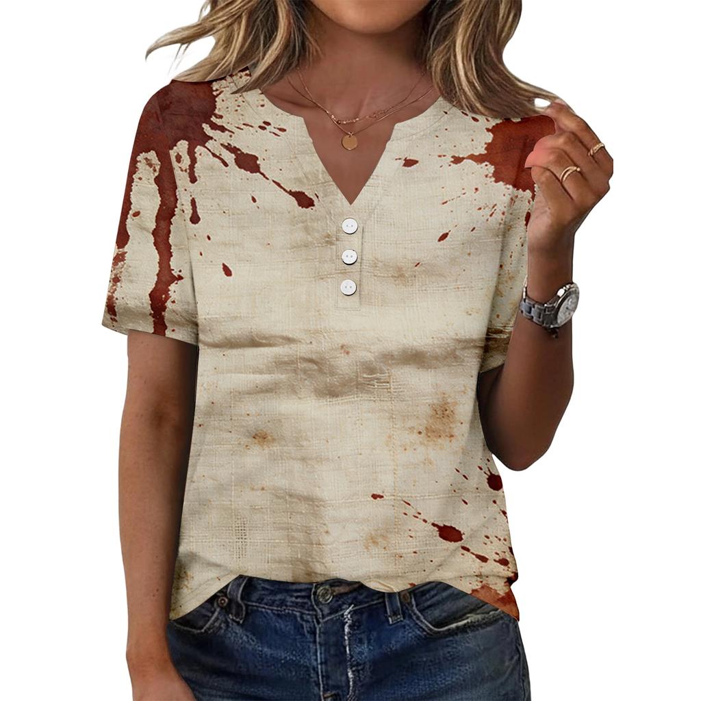 Women's Casual Short Sleeve V Neck Henley Shirt Button Front Halloween Print Lightweight Top for Everyday Wear