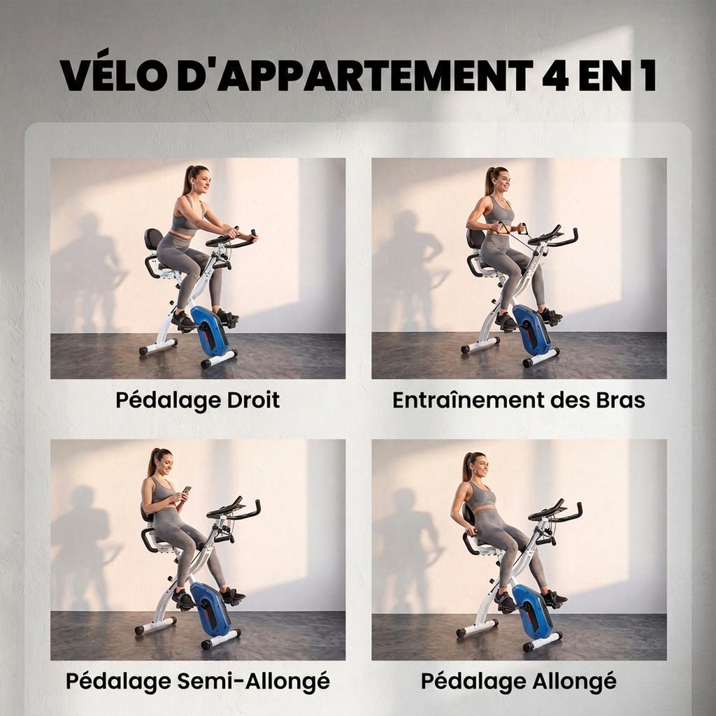 SPORTNOW Foldable Exercise Bike 4 In 1 Silent Fitness Bike Connected Kinomap Bluetooth and Zwift 105x53.5x109cm Blue