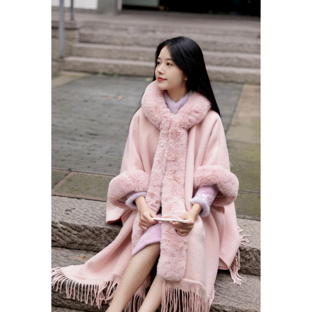 Autumn Winternew Arrivalfleece-linedthickenedretropure Color Shawl Furry Lazy Style Cloak Outwear for Women