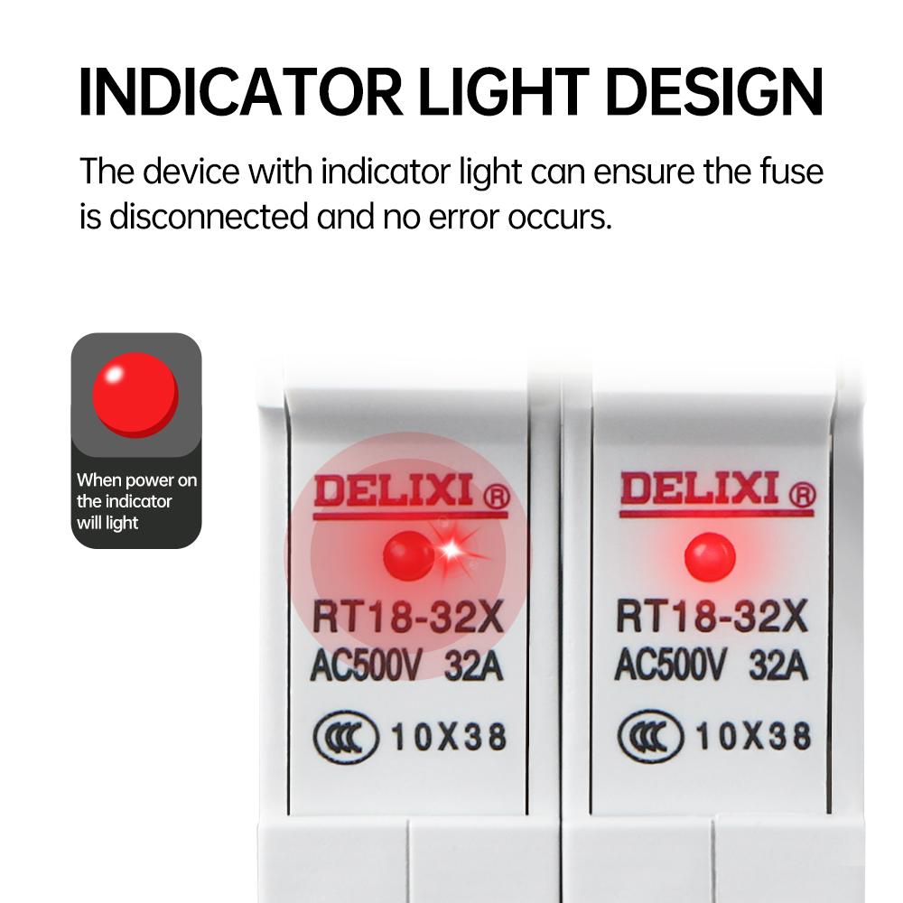Delixi RT18-32X Holder Indicator Light Rail Mounted10×38mm Fuse Base Circuit Protection 500V AC Industrial Grade Electrical Fuse Relays 5