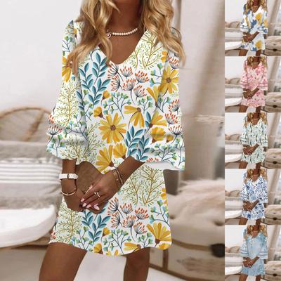 Women's Fashion Temperament Elegant Fresh Printed V-Neck 3/4 Sleeves Mini Dress
