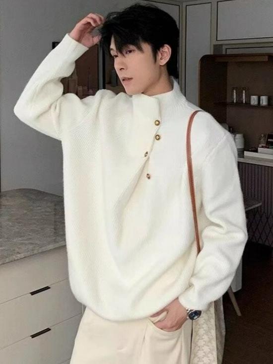 High Neck Solid Color Men's Sweater - Irregular Button Design, Youthful Loose Fit Knitwear