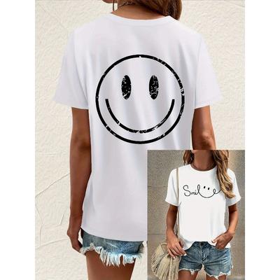 T-shirt Stampata Sorriso Taglia Europea, Manica Corta Girocollo Top Casual per Estate e Primavera, Abbigliamento Donna