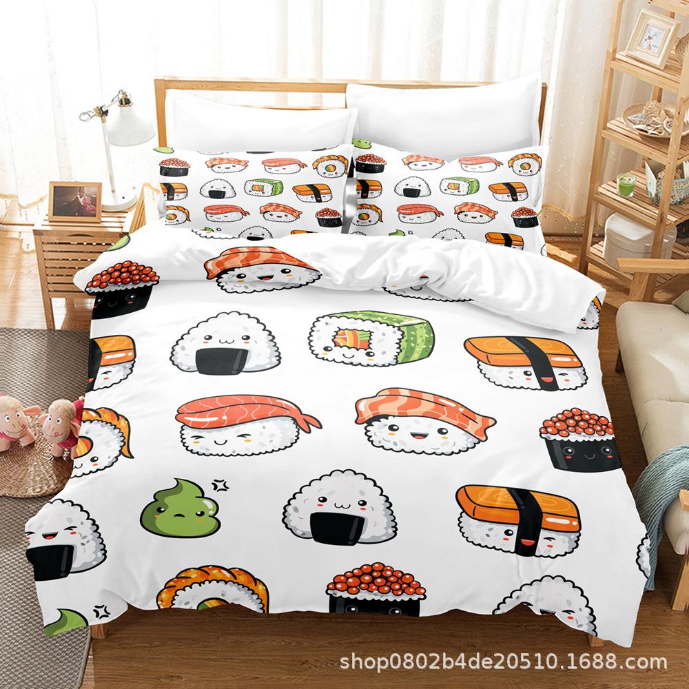 Home Textile Three-Piece Set, Digital Printing Food Series Bed Sheet Quilt Three-Piece Set
