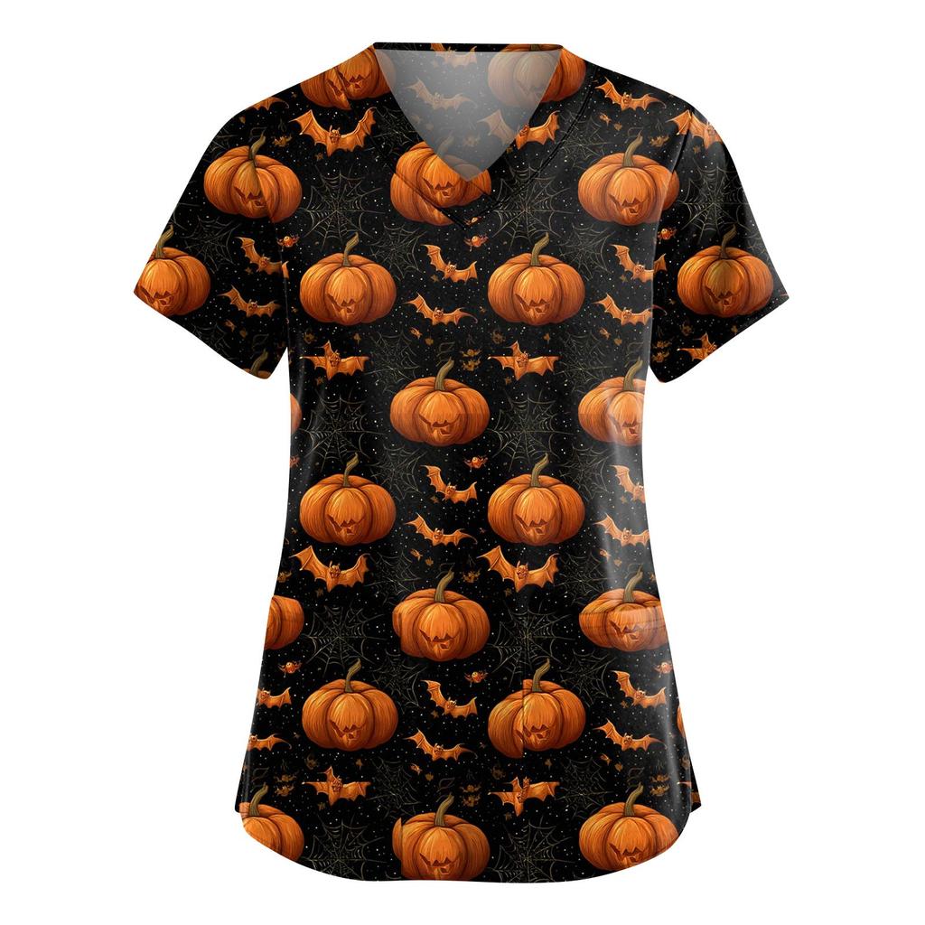 Dámská móda Overaly s krátkým rukávem a výstřihem do V s kapsami Halloweenské potištěné topy Oblečení