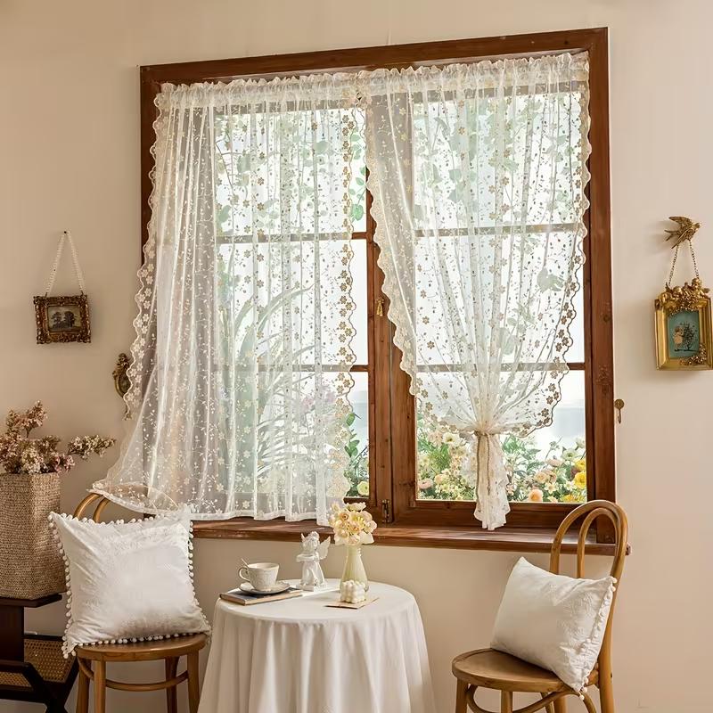 1 stuks Frans Kant Gordijn Paneel, Feestelijke Woonkamer Slaapkamer Keuken Decoratie, Polyester Vezel Kleine Raambekleding Ophanging 1pc W140 x L70cm&Rod pocket beige