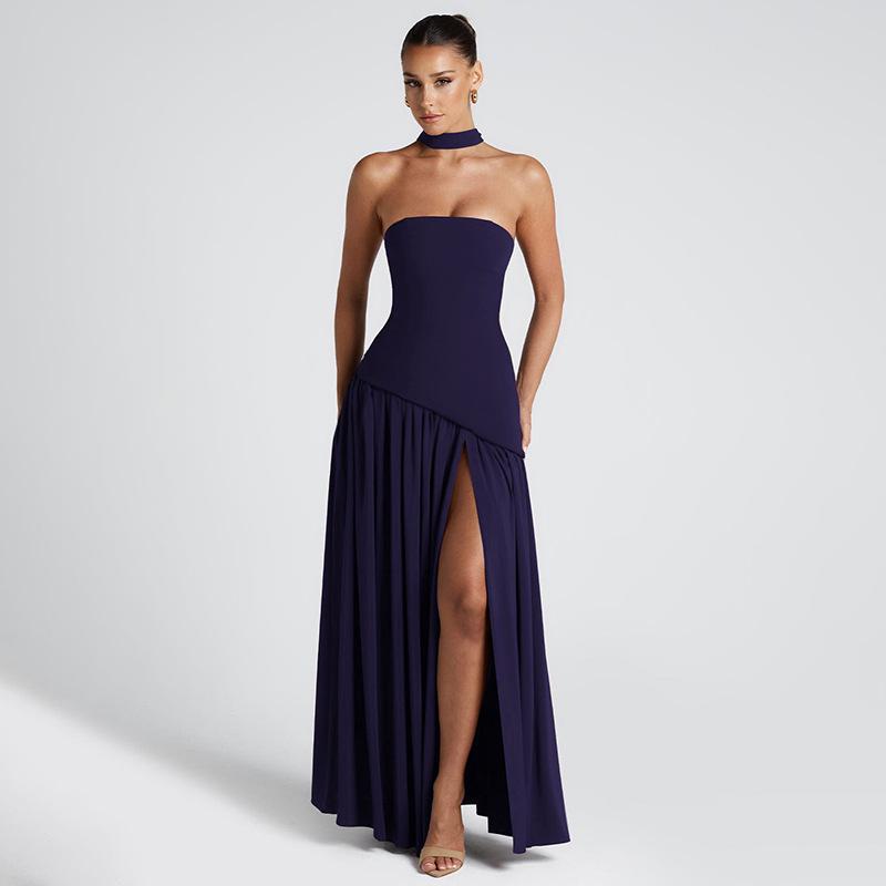 European & American Elegant Off-Shoulder Slim Fit Slit Dress with Ribbon Back