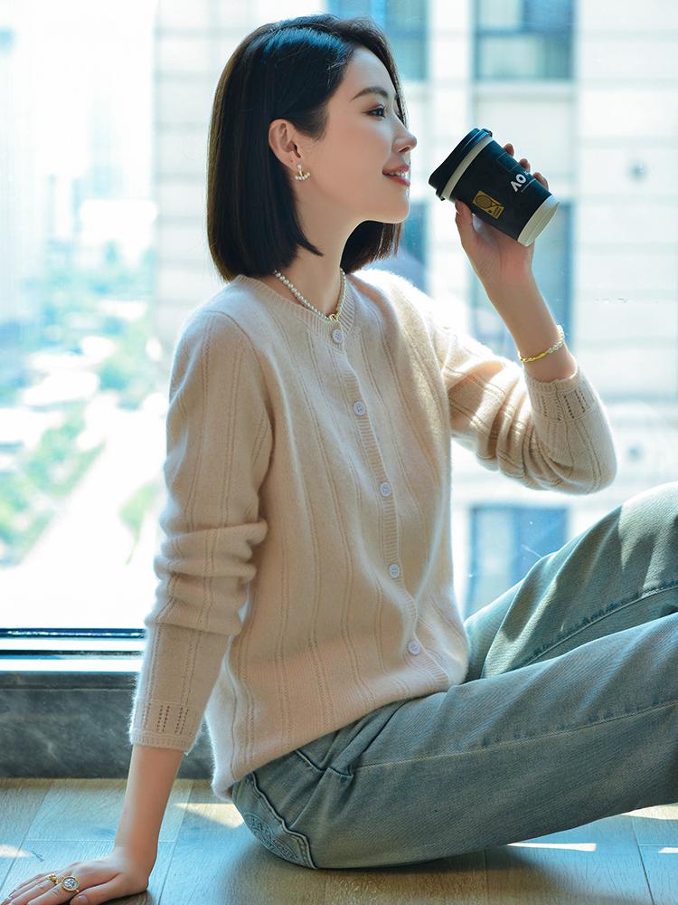 Dámský kašmírový kardigan Qinghe kašmír 30% kašmír 70% vlna podzimní a zimní kašmírový kardigan měkký a teplý