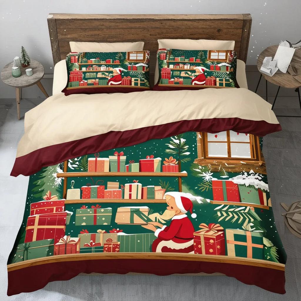 3Pcs Christmas Story Town Bedding Set Duvet Cover Warm Village Print Soft Polyester Queen Size Home Decor Holiday Gift